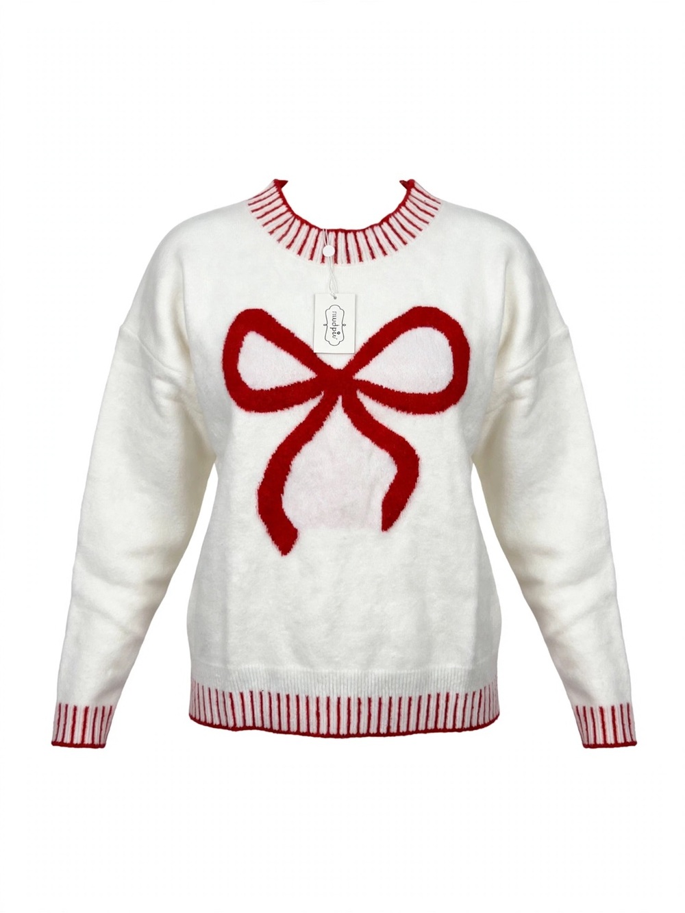 Mud Pie White Crewneck Sweater with Red Bow Detail